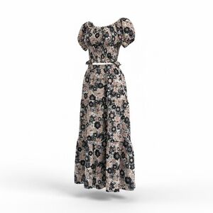 Floral Puff-Sleeve Skirt Set in Beige & Black